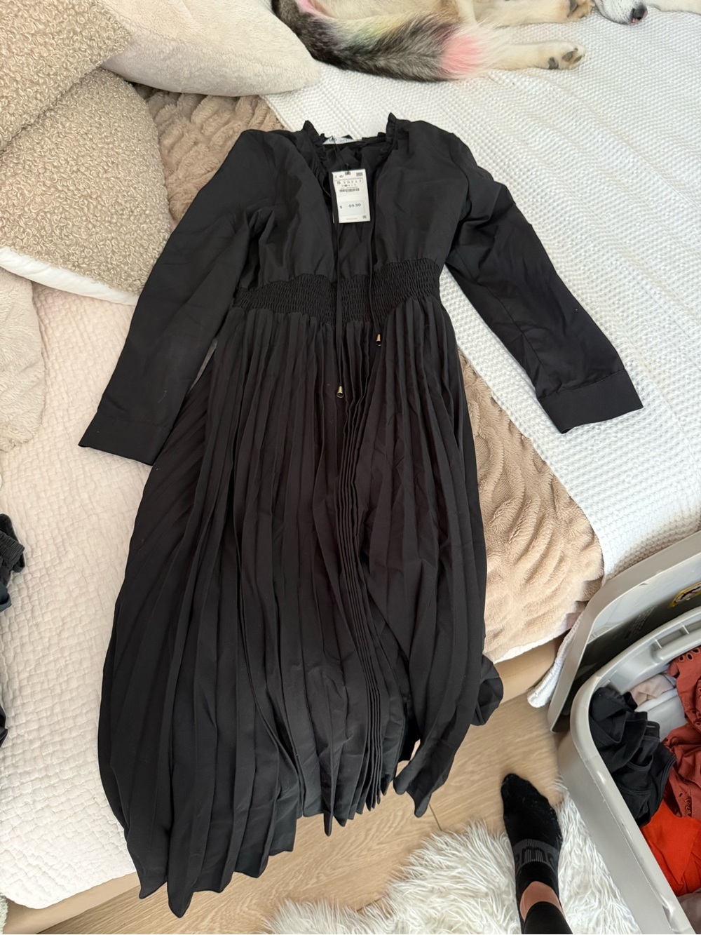 Zara Black Pleated Long-Sleeve Dress with Smocked Waist